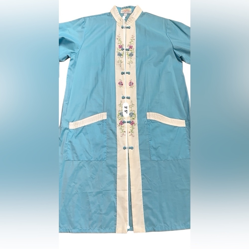 1960s Vintage Jodie Arden Kimono House Dress Embroidered Blue X-Large - Picture 9 of 10